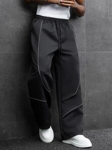 SLATEMANN Men Contrast Piping Drawstring Waist Pants - Black - View 4