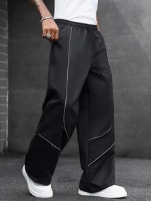 SLATEMANN Men Contrast Piping Drawstring Waist Pants - Black - View 5