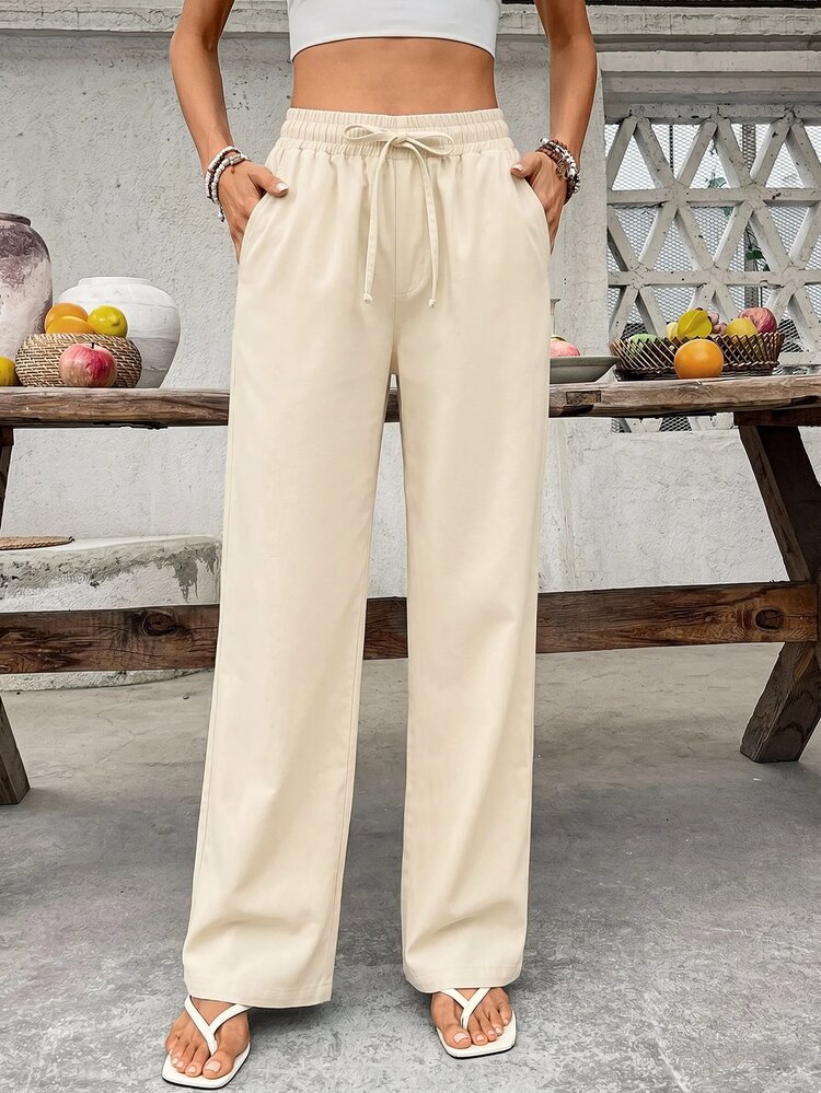 SHEIN PETITE Women's Waist Tie Pocket Straight Leg Casual Denim Jeans - Apricot - View 1