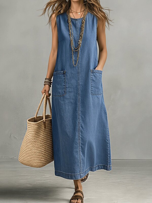 Balvessa Plus Size Autumn Casual Normal Sleeveless Denim Dress Vacation Beach Dusty Blue