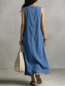 Balvessa Plus Size Autumn Casual Normal Sleeveless Denim Dress Vacation Beach Dusty Blue - Blue - View 3