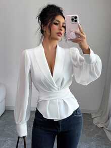 Elenzga Elegant Solid Color Collared Tie-Waist Cross Strap Puff Sleeve Mesh Patchwork Long Sleeve Blouse, Slimming Fall Cloth For Women - White - View 6