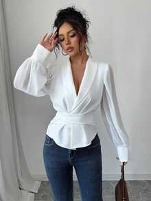 Elenzga Elegant Solid Color Collared Tie-Waist Cross Strap Puff Sleeve Mesh Patchwork Long Sleeve Blouse, Slimming Fall Cloth For Women - White - View 3