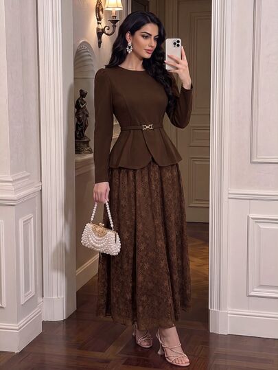 Modelyn Spring/Autumn Elegant Fashion Commute Gentle Style Waist-Cinching Slimming Lace Flared Skirt Concealing Flaws Women's 2-Piece Set