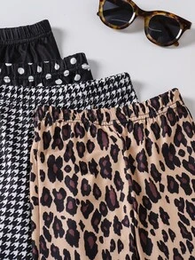 4pcs Young Girl Autumn/Winter Knitted Leopard Houndstooth Polka Dot Solid Black Flared Pants, Casual Leggings - Multicolor - View 4