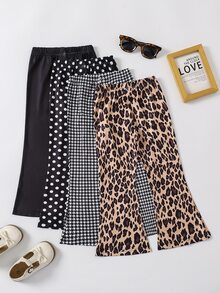 4pcs Young Girl Autumn/Winter Knitted Leopard Houndstooth Polka Dot Solid Black Flared Pants, Casual Leggings - Multicolor - View 2
