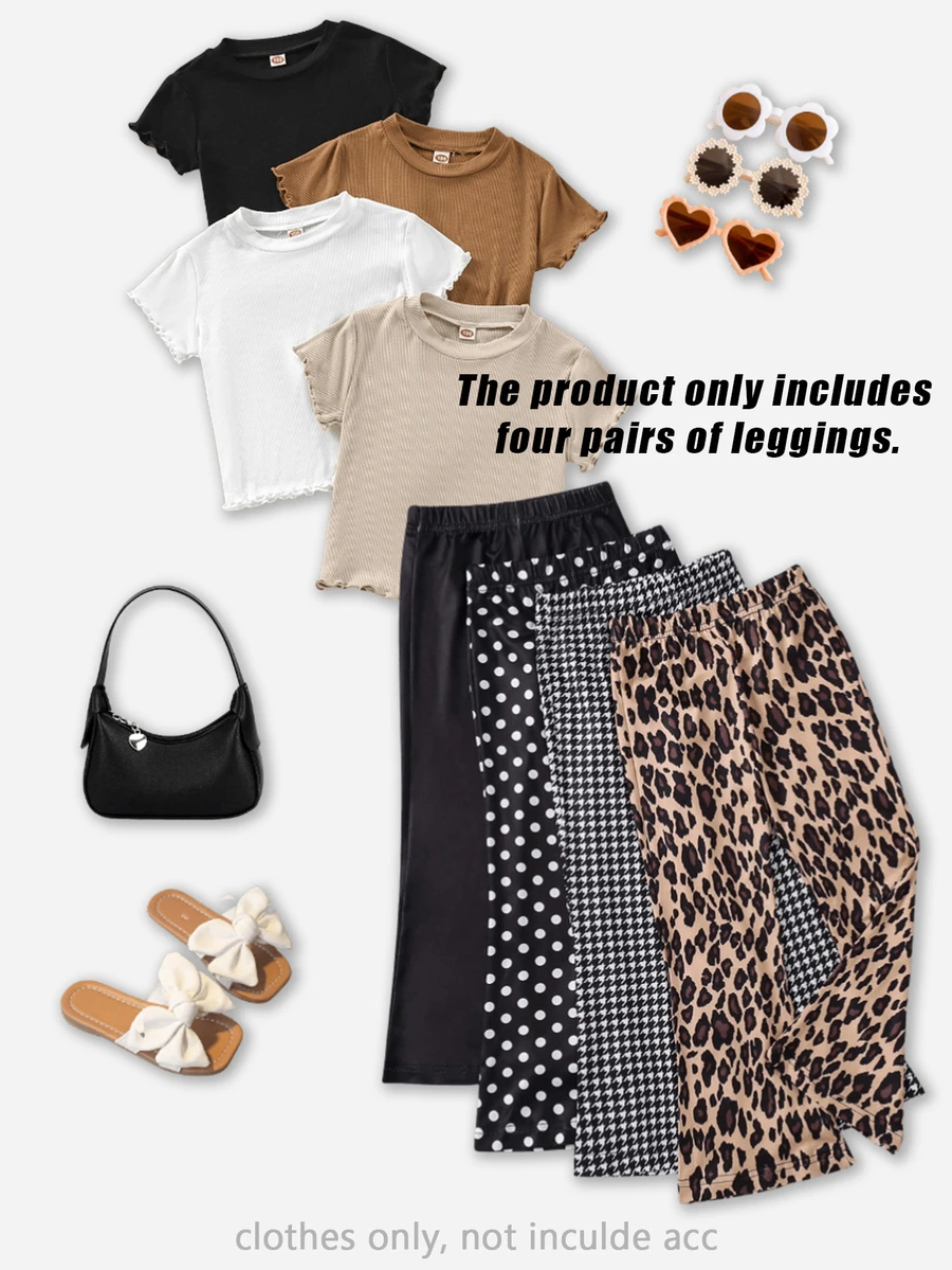 4pcs Young Girl Autumn/Winter Knitted Leopard Houndstooth Polka Dot Solid Black Flared Pants, Casual Leggings - Multicolor - View 1