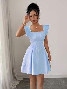 Elenzga Light Blue Summer Elegant Tea Party Y2K French Square Collar Cap Sleeve Cinched Waist High-End Textured Floral A-Line Sweet Mini Office Dress - Baby Blue - View 3