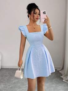 Elenzga Light Blue Summer Elegant Tea Party Y2K French Square Collar Cap Sleeve Cinched Waist High-End Textured Floral A-Line Sweet Mini Office Dress - Baby Blue - View 1