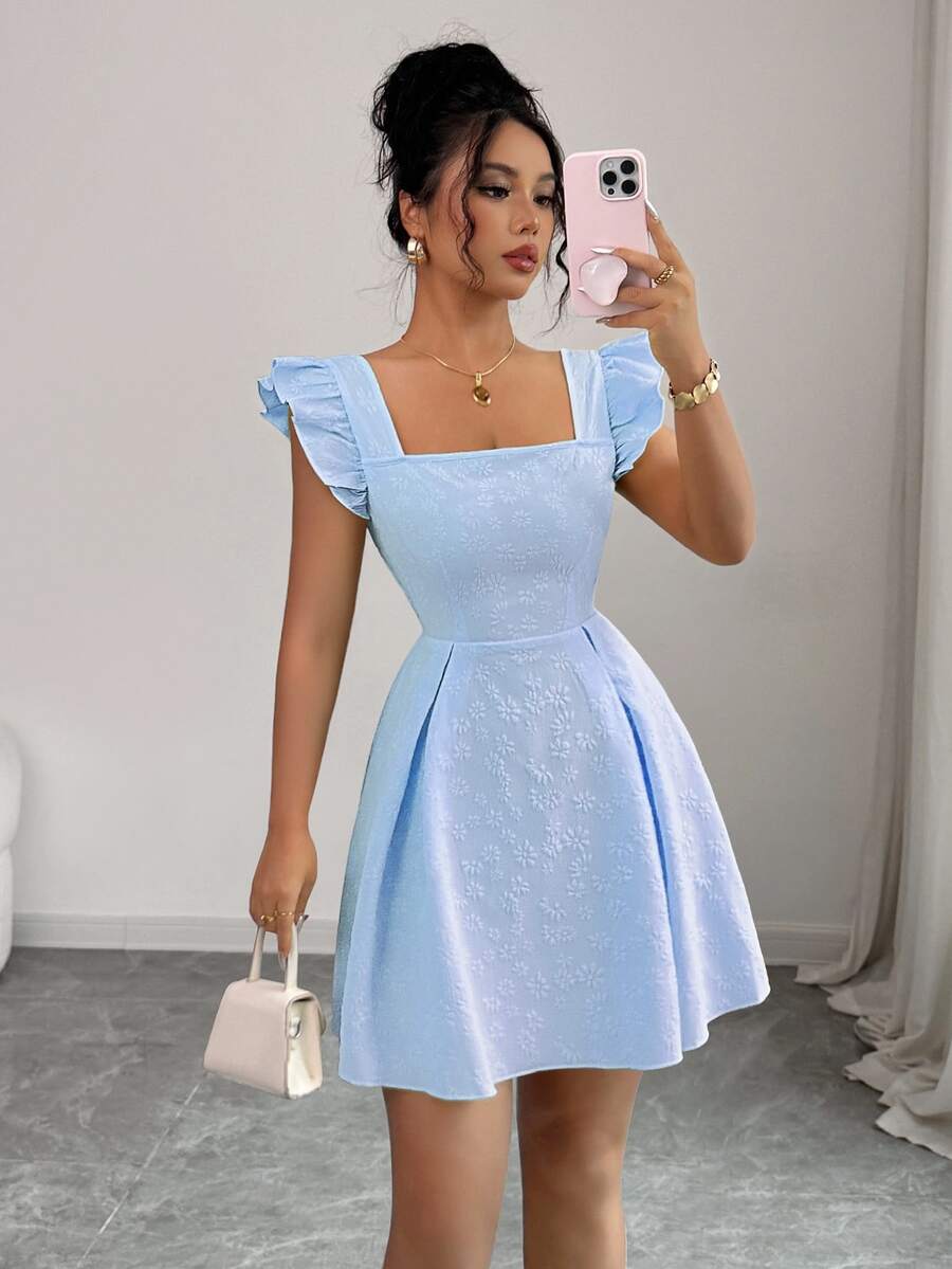Elenzga Light Blue Summer Elegant Tea Party Y2K French Square Collar Cap Sleeve Cinched Waist High-End Textured Floral A-Line Sweet Mini Office Dress - Baby Blue - View 1