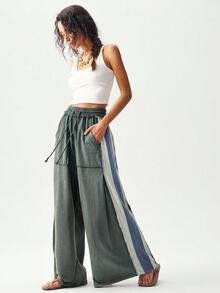 Bohemela 休閒針織拼接色塊寬鬆版型女款長褲 - 軍綠色 - 查看 4