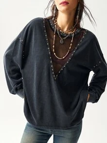 Bohemela 女式休闲纯色针织圆领宽松水洗运动衫 - 黑色 - 查看 5