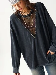 Bohemela 女式休闲纯色针织圆领宽松水洗运动衫 - 黑色 - 查看 7
