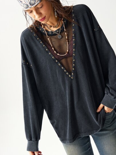 Bohemela Felpa casual da donna in maglia a girocollo, colore unito, oversize e lavata