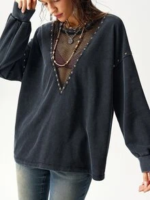 Bohemela 女式休闲纯色针织圆领宽松水洗运动衫 - 黑色 - 查看 11