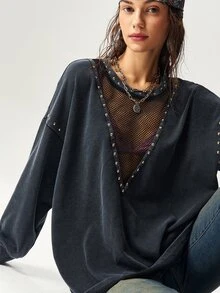 Bohemela 女式休闲纯色针织圆领宽松水洗运动衫 - 黑色 - 查看 2