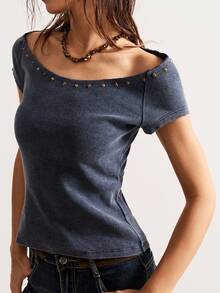 Bohemela Vintage American Casual Solid Color Washed Knit Rivet Off-Shoulder Women T-Shirt - Grey - View 4