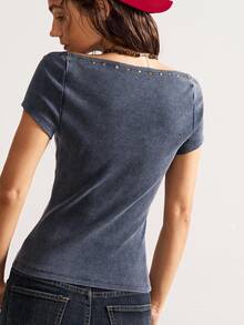 Bohemela Vintage American Casual Solid Color Washed Knit Rivet Off-Shoulder Women T-Shirt - Grey - View 8