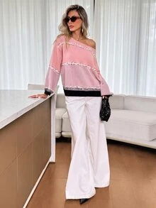 Easowa 女款時尚亮片不對稱肩撞色長袖甜美針織衫 - 彩色 - 查看 6