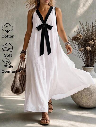 Ceyna Đầm sát nách nữ size lớn cổ chữ V phối màu đen trắng tương phản đính nơ, chất cotton, phong cách Pháp, thường ngày thanh lịch cho mùa hè, đi du lịch, brunch nhiệt đới