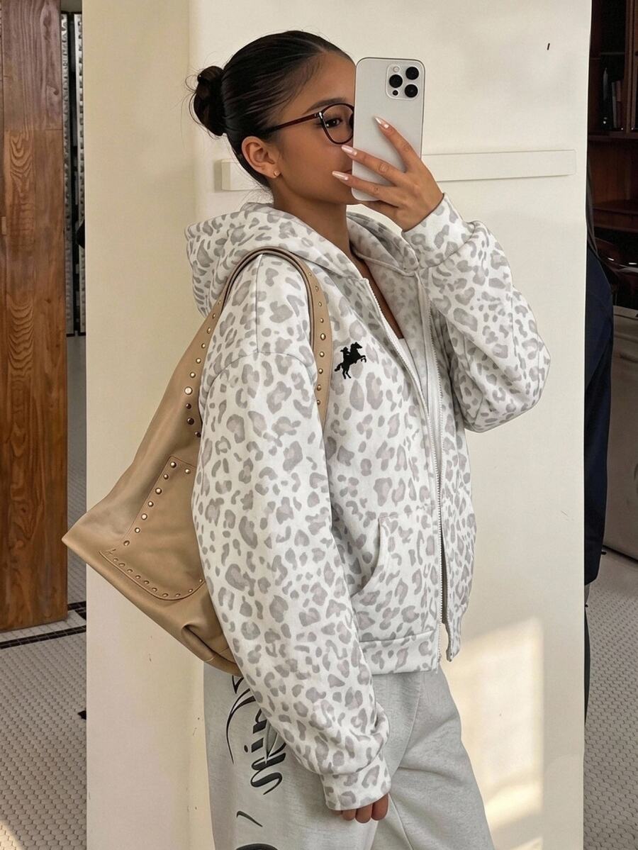 SHEIN Tween Girls Casual Leopard Kids Print Fashion Pony Print Sweatshirt Jacket, Autumn/Winter/All Season Wear