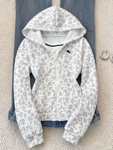 SHEIN 青少年女孩休閒豹紋兒童印花時尚馬尾印花運動衫外套，秋冬/四季穿著 - 白色 - 查看 10