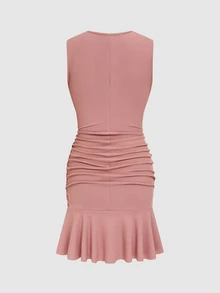 Elenzga Dusty Pink Summer Chic Party Night Deep V-Neck Rhinestone Square Buckle Pleated Ruffle Hem Mini Dress, Women's Elegant Sexy Capped Sleeve Fitted Dress - Pink - View 3