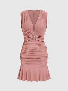 Elenzga Dusty Pink Summer Chic Party Night Deep V-Neck Rhinestone Square Buckle Pleated Ruffle Hem Mini Dress, Women's Elegant Sexy Capped Sleeve Fitted Dress - Pink - View 2
