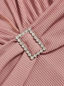 Elenzga Dusty Pink Summer Chic Party Night Deep V-Neck Rhinestone Square Buckle Pleated Ruffle Hem Mini Dress, Women's Elegant Sexy Capped Sleeve Fitted Dress - Pink - View 7