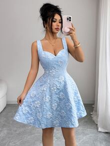 Elenzga New Square Neck Sleeveless Jacquard Backless Tie Design Elegant Young Versatile Women Short Dress - Blue - View 4