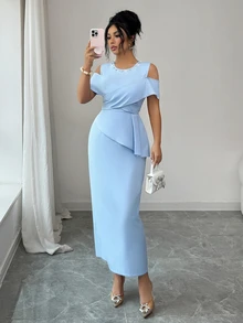 Elenzga Women's Elegant High-End Light Blue Criss-Cross Neckline Rhinestone Mid-Length Dress,Summer Tropical Cocktail Wedding Guest Party Spring Dress - Blue - View 1