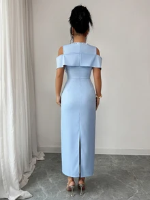 Elenzga Women's Elegant High-End Light Blue Criss-Cross Neckline Rhinestone Mid-Length Dress,Summer Tropical Cocktail Wedding Guest Party Spring Dress - Blue - View 2