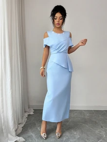 Elenzga Women's Elegant High-End Light Blue Criss-Cross Neckline Rhinestone Mid-Length Dress,Summer Tropical Cocktail Wedding Guest Party Spring Dress - Blue - View 3