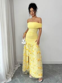 Elenzga 女士优雅露肩短袖褶皱修身花卉网纱连衣裙，适合度假、海滩、旅行 - 淡黃色 - 查看 5