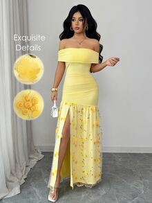Elenzga 女士优雅露肩短袖褶皱修身花卉网纱连衣裙，适合度假、海滩、旅行 - 淡黃色 - 查看 2