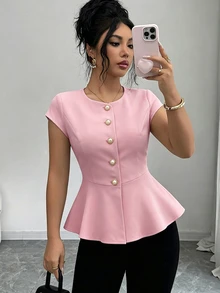 Elenzga 新款圆领珍珠纽扣编织时尚百搭优雅通勤休闲收腰春夏女式衬衫 - 粉色 - 查看 3