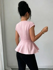 Elenzga 新款圆领珍珠纽扣编织时尚百搭优雅通勤休闲收腰春夏女式衬衫 - 粉色 - 查看 2