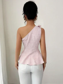Elenzga New Arrival Elegant Sweet Pink Floral Textured Jacquard Design Asymmetric-Shoulder Fitted Casual Blouse For Women, Suitable For Daily Wear And Dates - Pink - View 2