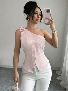Elenzga New Arrival Elegant Sweet Pink Floral Textured Jacquard Design Asymmetric-Shoulder Fitted Casual Blouse For Women, Suitable For Daily Wear And Dates - Pink - View 3