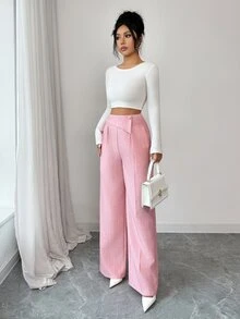 Elenzga 女士时尚高腰单扣装饰飘逸阔腿裤，适合日常穿着、婚礼、晚宴、通勤、毕业派对、节日、假期、约会、聚会、万圣节、圣诞节、新年、感恩节、婚礼等场合。 - 粉色 - 查看 4