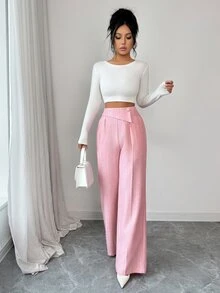Elenzga 女士时尚高腰单扣装饰飘逸阔腿裤，适合日常穿着、婚礼、晚宴、通勤、毕业派对、节日、假期、约会、聚会、万圣节、圣诞节、新年、感恩节、婚礼等场合。 - 粉色 - 查看 3