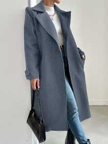 EURMUSE Women'S Solid Color Woolen Coat With Lapel Collar - Navy Blue - View 4
