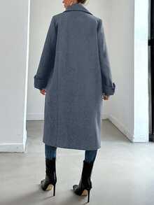 EURMUSE Women'S Solid Color Woolen Coat With Lapel Collar - Navy Blue - View 2