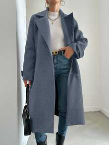 EURMUSE Women'S Solid Color Woolen Coat With Lapel Collar - Navy Blue - View 3