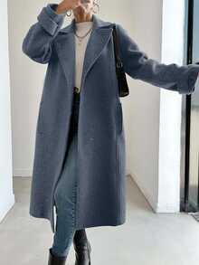 EURMUSE Women'S Solid Color Woolen Coat With Lapel Collar - Navy Blue - View 1