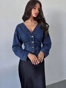 Firerie Top de mezclilla azul para mujer con cuello en V, abotonado sencillo, estilo casual streetwear, versátil para uso diario, otoño, para salir y brunch - Azul - Ver 6