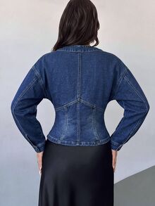 Firerie Top de mezclilla azul para mujer con cuello en V, abotonado sencillo, estilo casual streetwear, versátil para uso diario, otoño, para salir y brunch - Azul - Ver 2