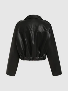 SHEIN Teen Girl Streetwear PU Metal Zipper Front Cropped Black Leather Faux Jacket Fall/Winter - Black - View 3