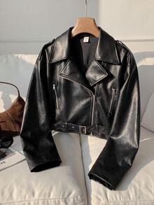 SHEIN Teen Girl Streetwear PU Metal Zipper Front Cropped Black Leather Faux Jacket Fall/Winter - Black - View 10