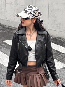 SHEIN Teen Girl Streetwear PU Metal Zipper Front Cropped Black Leather Faux Jacket Fall/Winter - Black - View 11